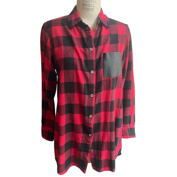 Maje Buffalo Plaid Red Black Shirt with Leather Trim Size 1/ Small - Picture 1 of 6